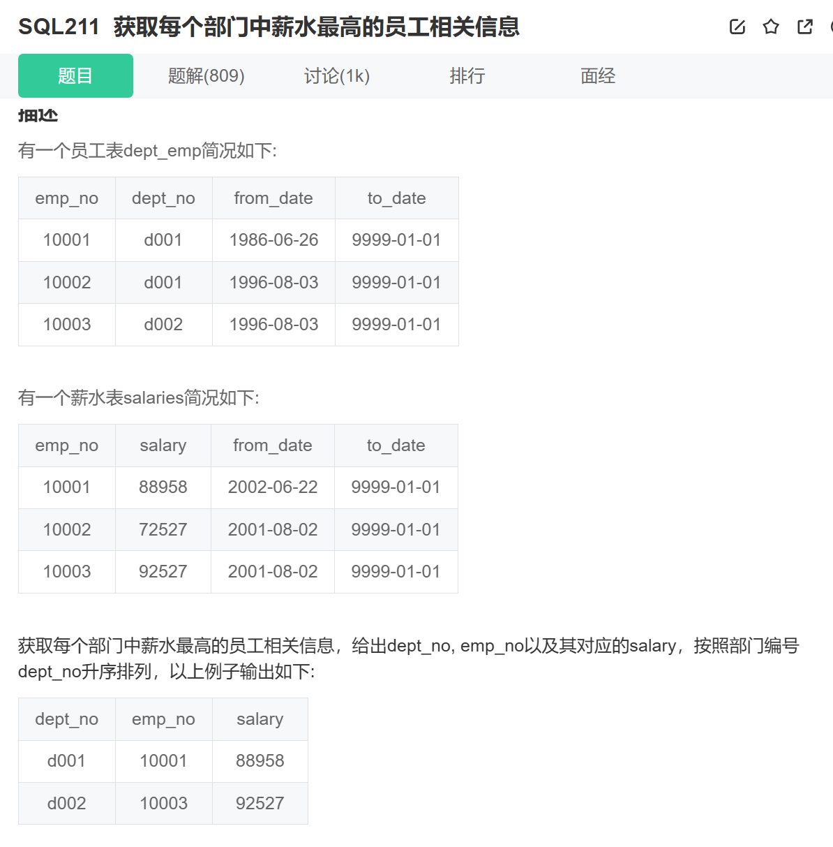 牛客SQL211 获取每个部门中薪水最高的员工相关信息